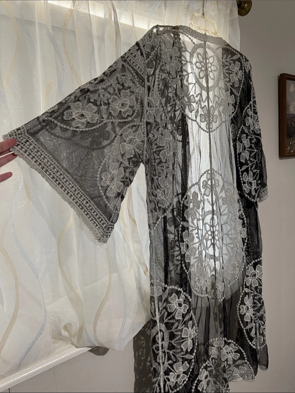 Sheer Black Lace Kimono with White Floral Embroidery
